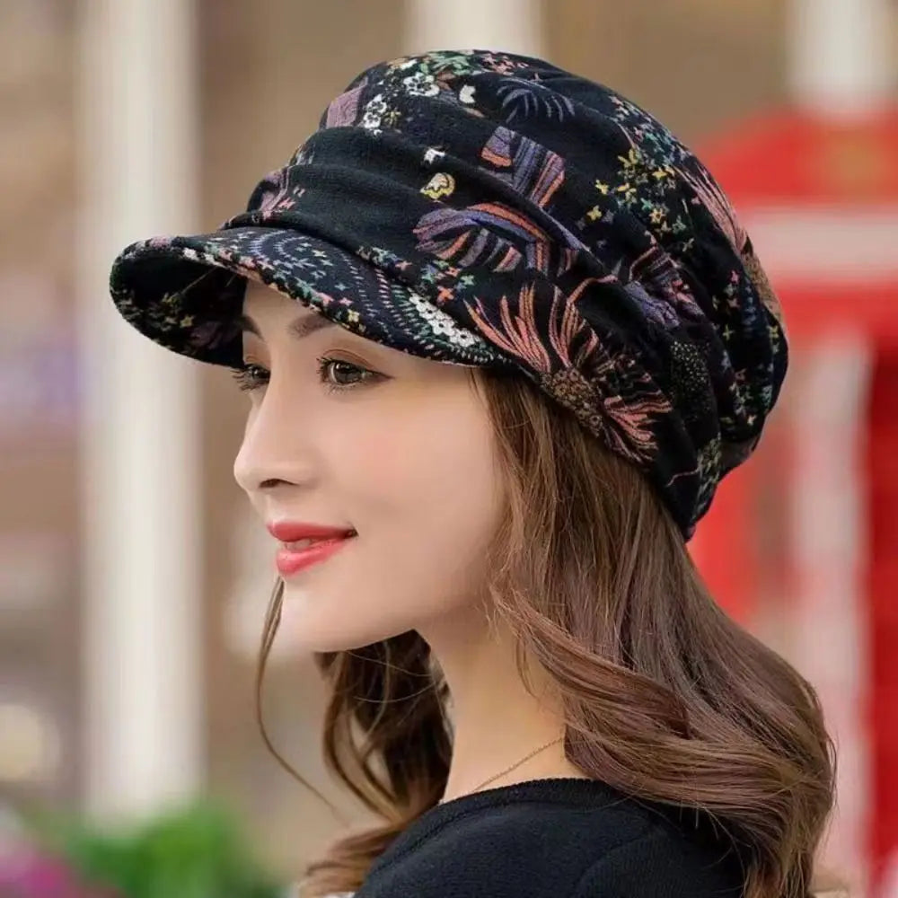Women's Short Brim Floral Beanie Hat – Polyester Winter Cap