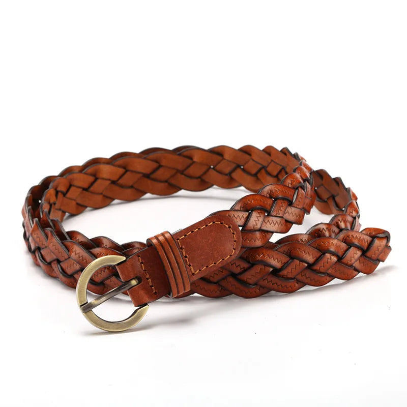 Women's Braided Faux Leather Belt – Gold Round Buckle