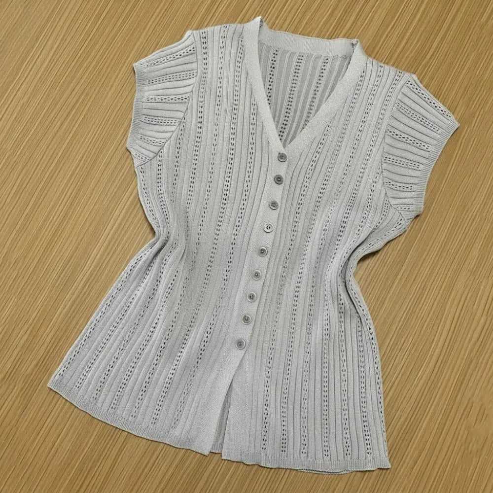 Women's Ice Silk V-Neck Hollow Knit Cardigan Short Sleeve Top