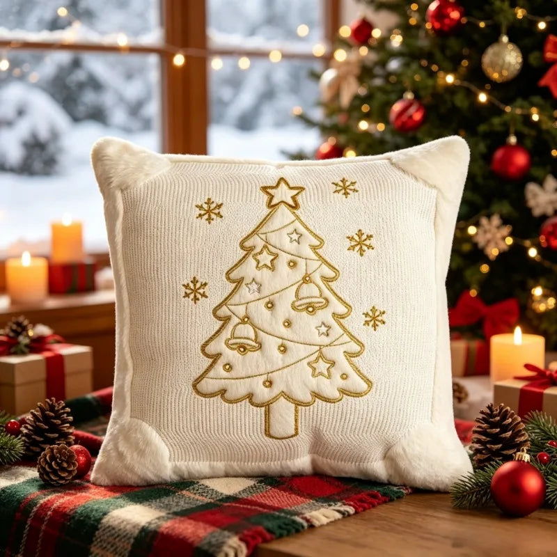 Christmas Corduroy Cushion Cover Gold Embroidery Xmas Tree