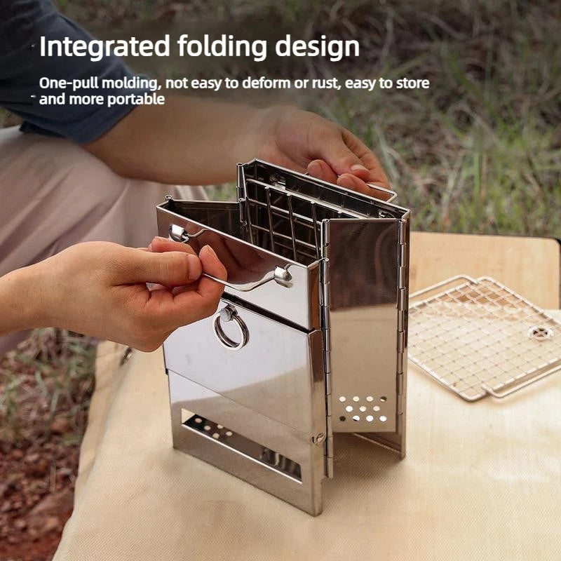 Folding Stainless Steel Charcoal Camp Stove & BBQ Grill