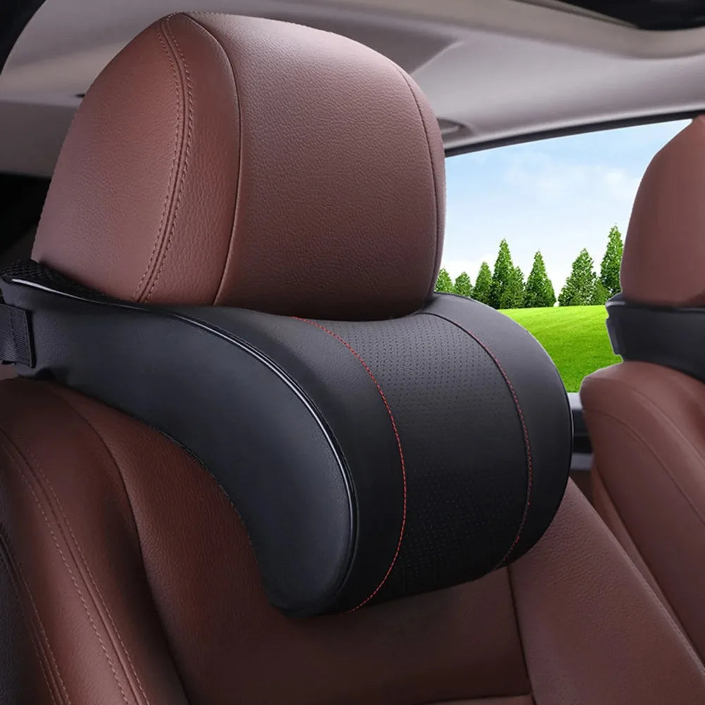 Memory Foam Car Neck Pillow – PU Leather Headrest Cushion