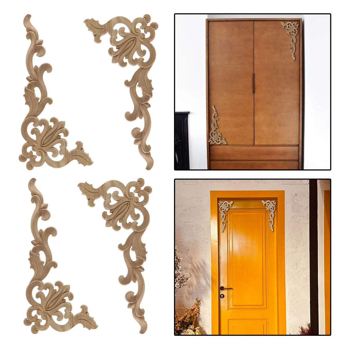 Wood Carved Applique Corner Onlay | 4-Pack Floral Décor