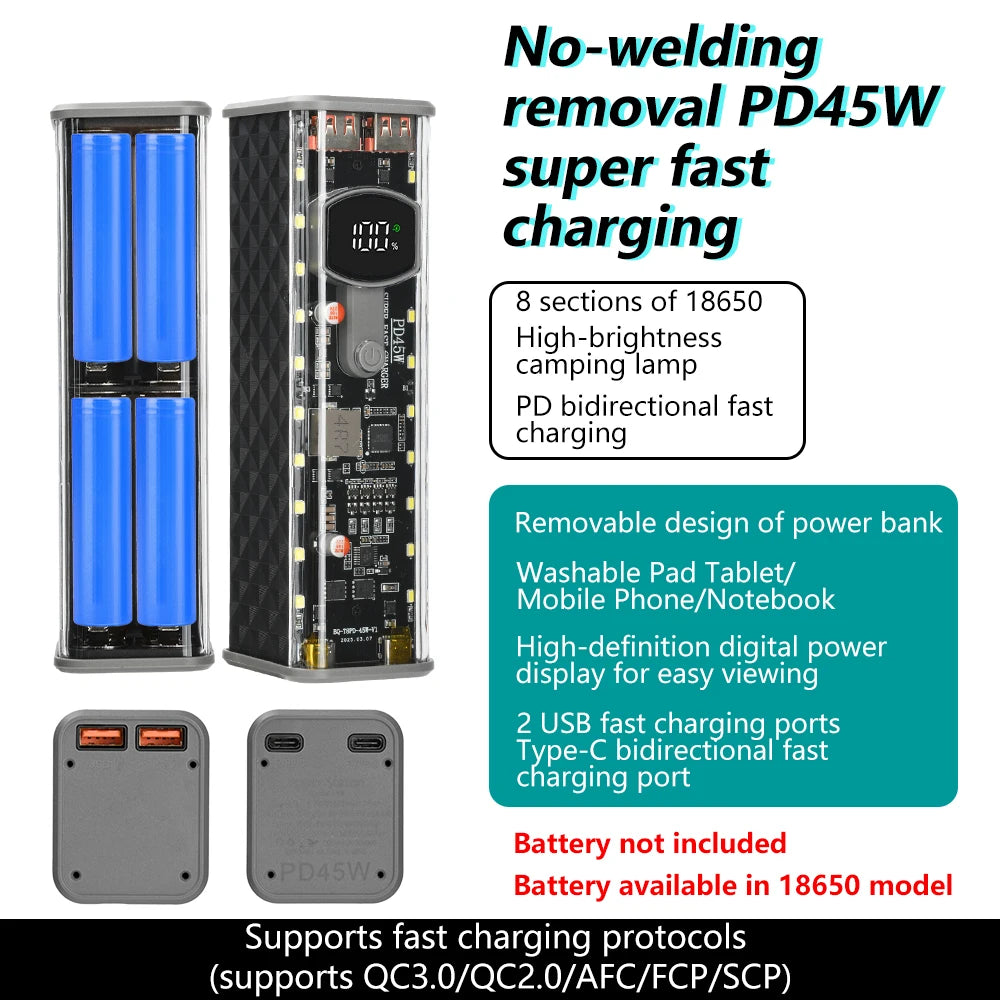 Gaqqee 8-Cell 18650 Power Bank Case – PD 45W Fast Charging