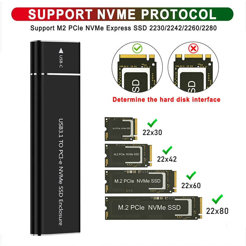 NVMe M.2 SSD Enclosure 2230–2280 | 10Gbps USB-C Aluminum Case
