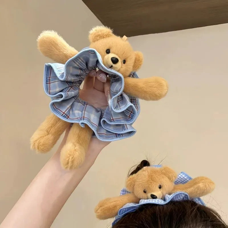 Plush Teddy Bear Plaid Scrunchie – Korean Style Hair Tie