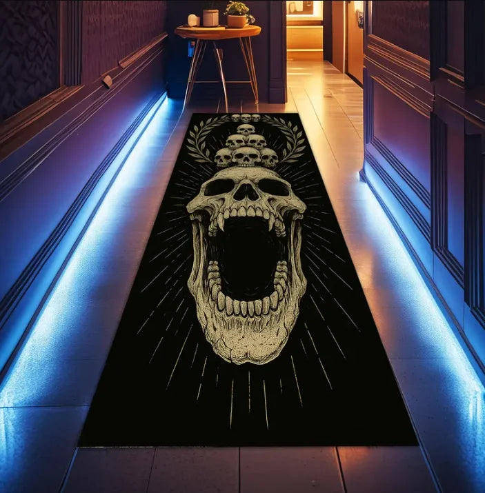 Gothic Skull Runner Rug – Non-Slip Washable Hallway Carpet