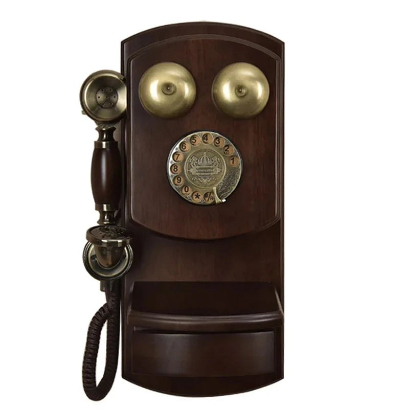 Wall Mounted Vintage Telephone – Rotary & Button Dial, Solid Wood