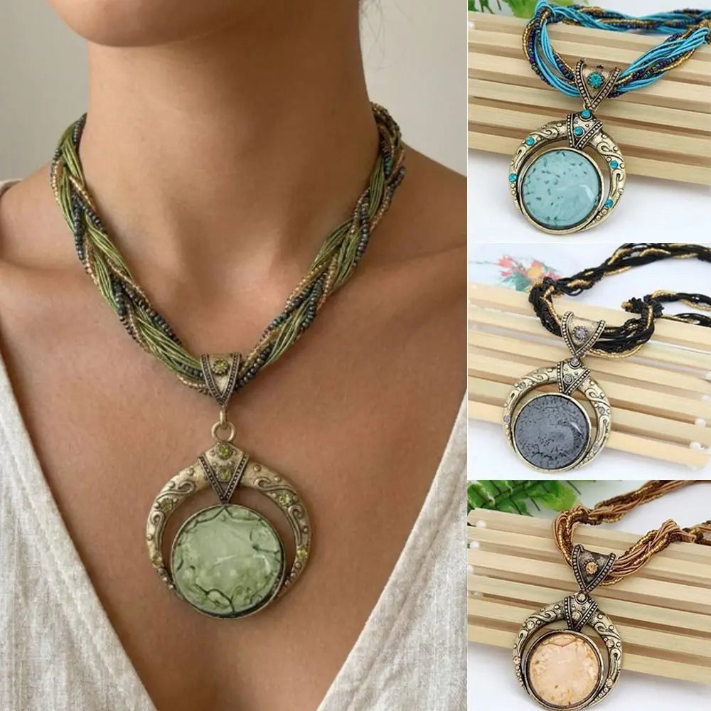 Bohemian Resin Stone Pendant Necklace | Multilayer Vintage Alloy