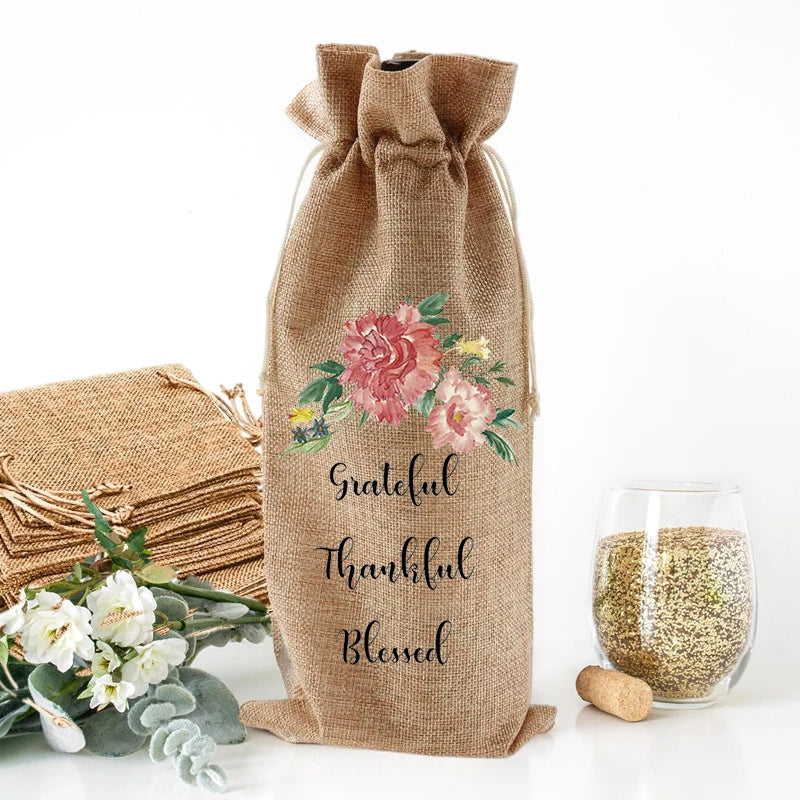 Thankful Grateful Blessed Burlap Wine Bottle Gift Bags