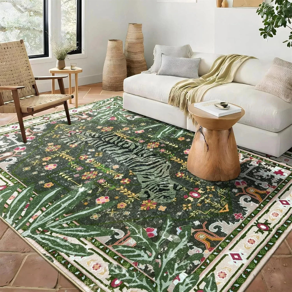 Vintage Tiger Floral Boho Area Rug – Non-Slip Washable Carpet