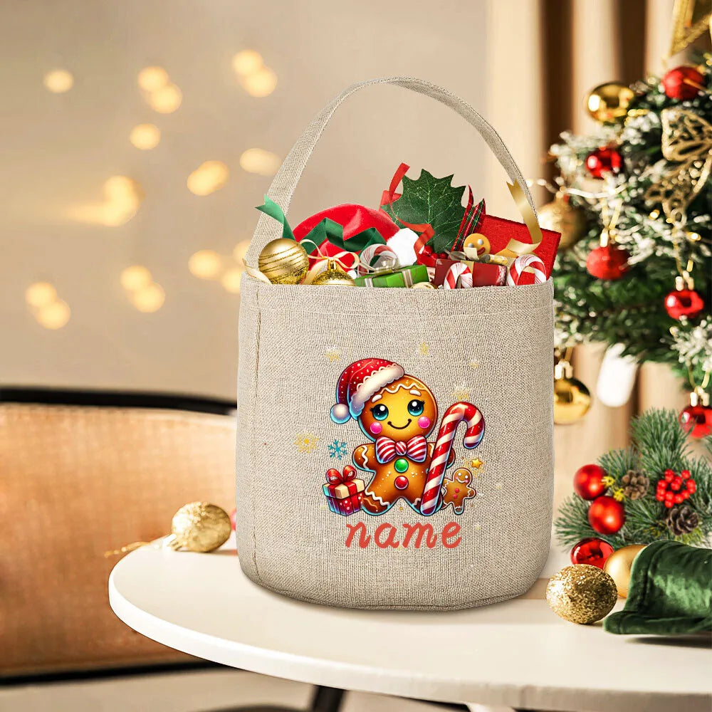 Personalized Christmas Gingerbread Man Linen Gift Bag