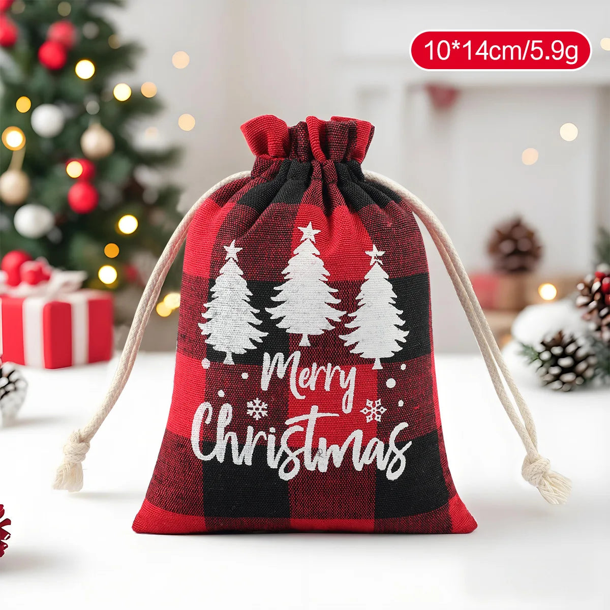 Christmas Plaid Drawstring Bag – Cotton Gift & Candy Bag