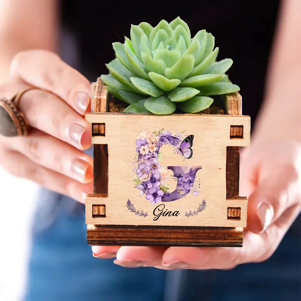 Personalized Mini Wooden Succulent Planter Pot – Custom Name