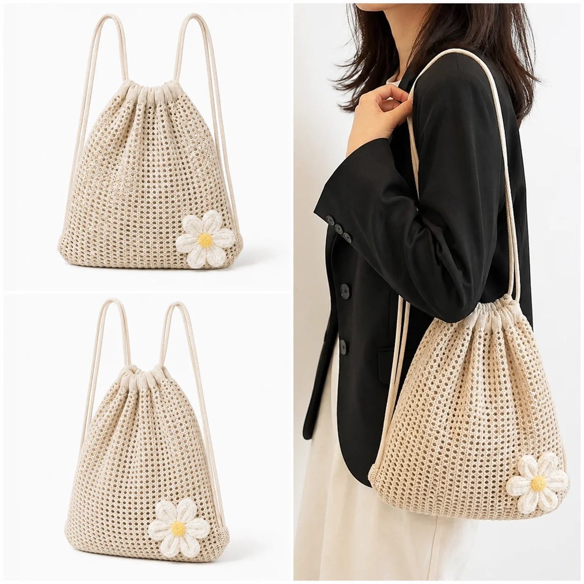 Women's Crochet Drawstring Backpack – Daisy Flower Knit Bag