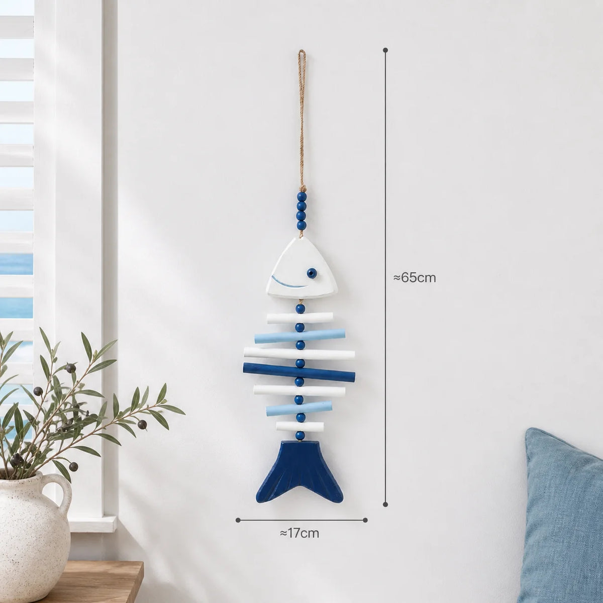 Wooden Fish Bone Wall Hanging – Blue White Nautical Coastal Decor