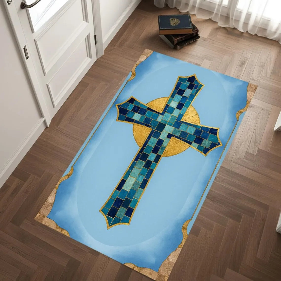Luxury Red Gold Cross Prayer Rug – Religious Worship Carpet