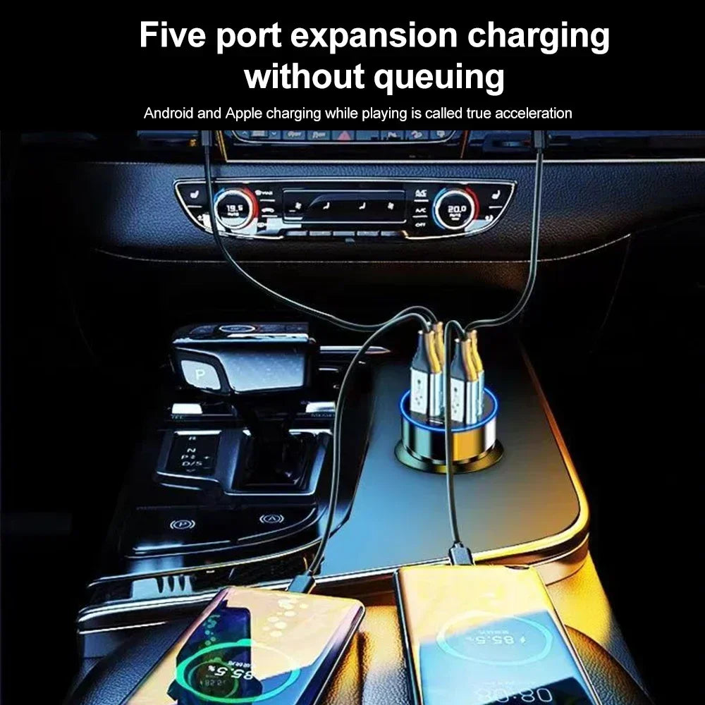 27W 6-in-1 Car Charger LED Display | 4 USB + 2 USB-C PD