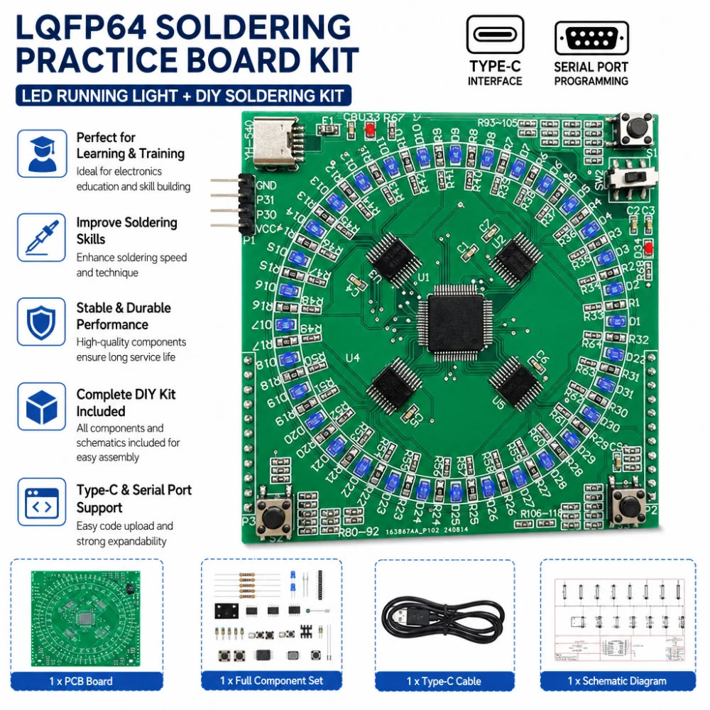 LQFP64 SMD Soldering Practice Kit – 5V Running Light Type-C