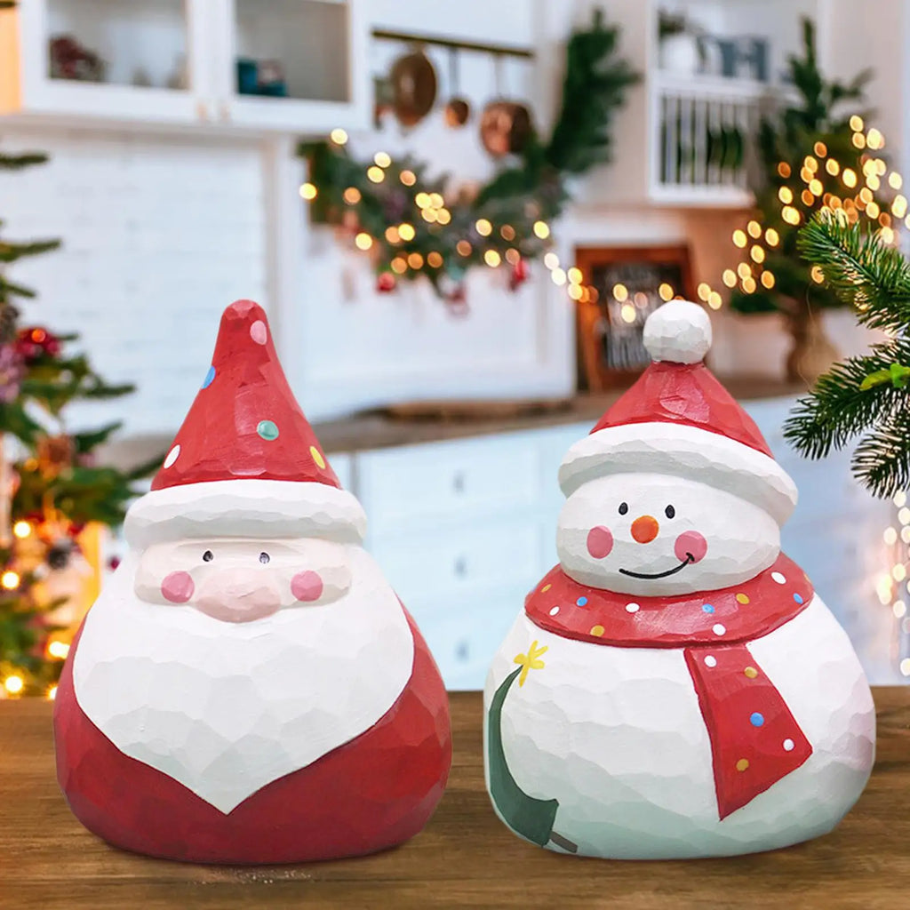 Christmas Wooden Santa Claus & Snowman Sitting Figurine Ornament