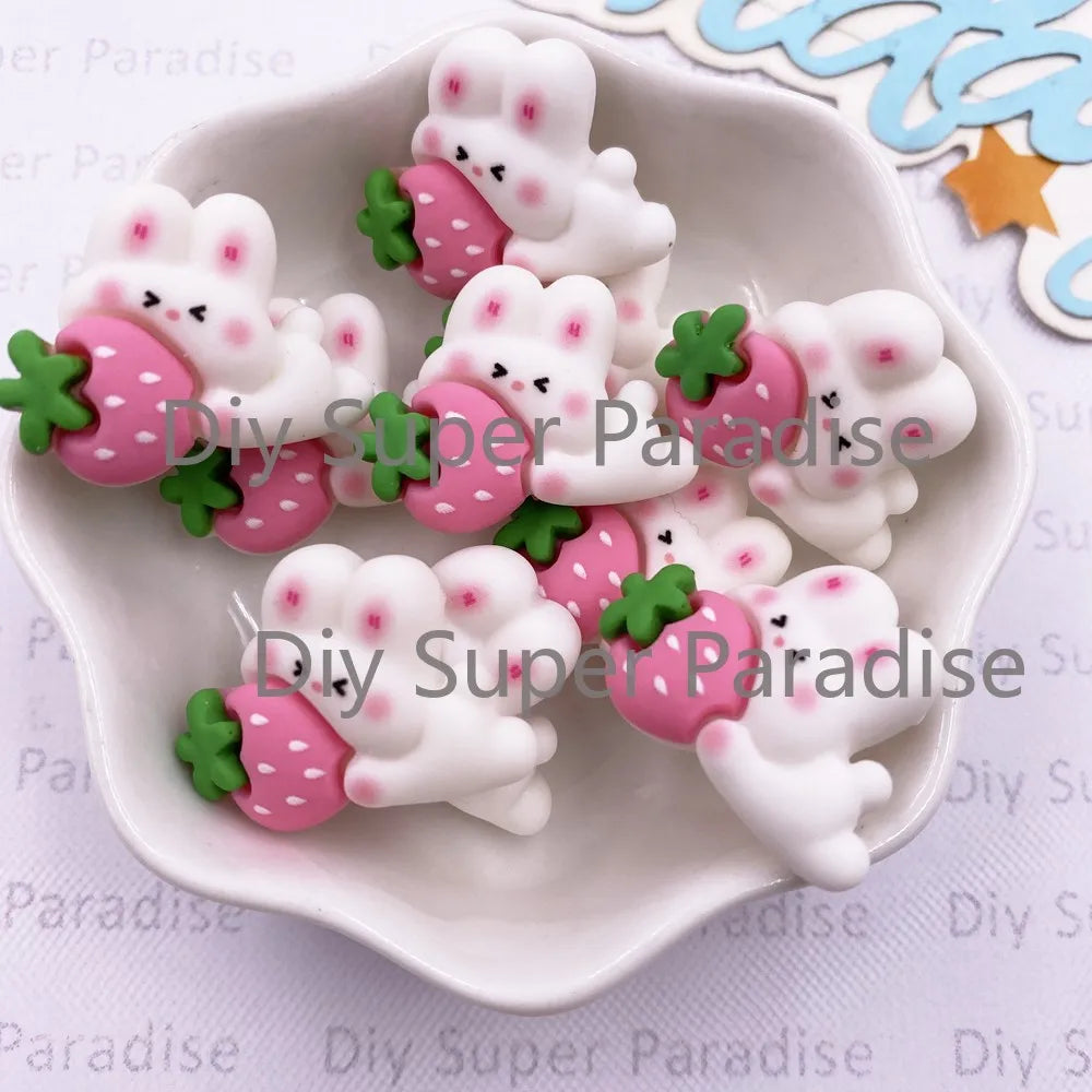 12PCS Resin Strawberry Rabbit Flatback Figurines for DIY Crafts