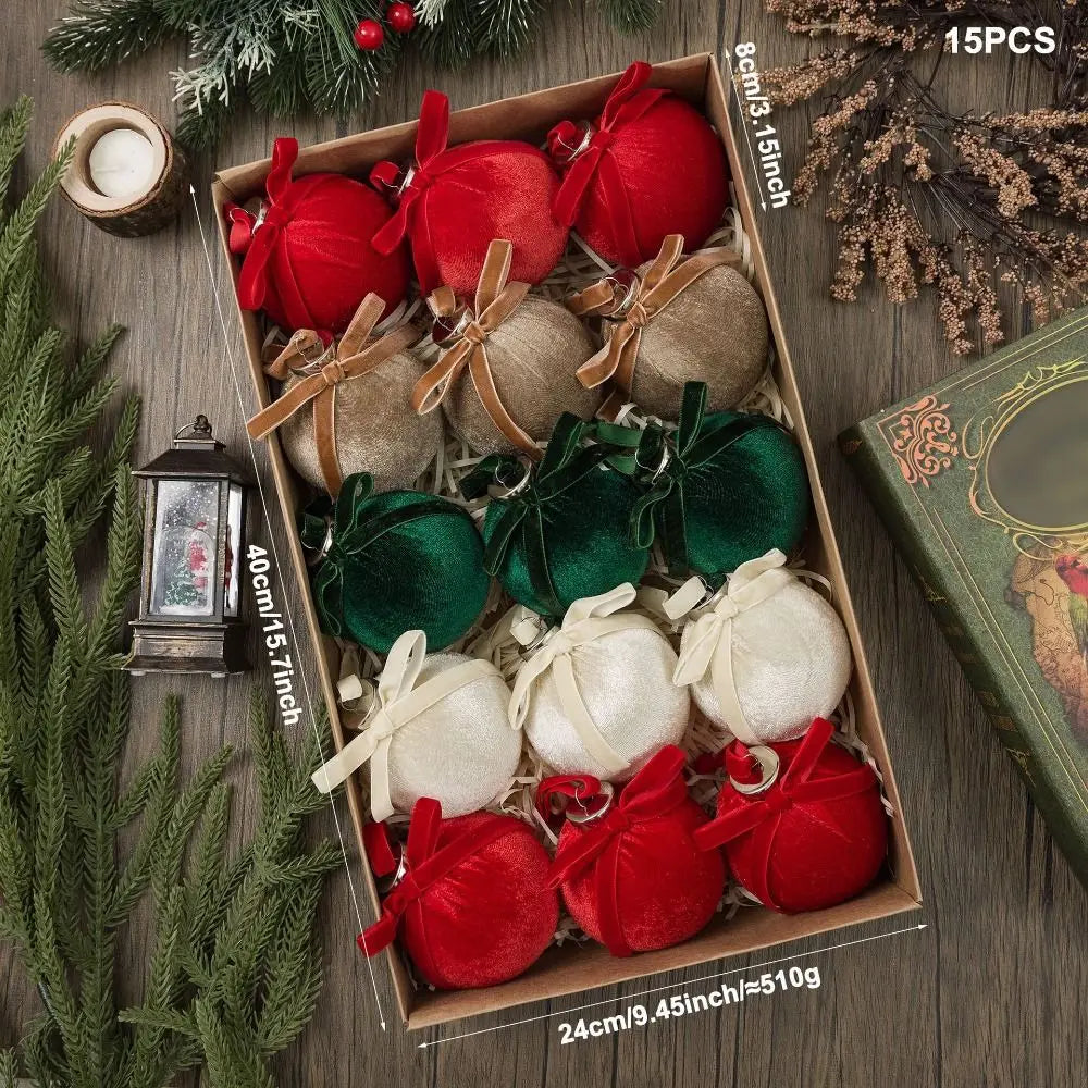 15-Pack Velvet Christmas Ball Ornaments with Ribbon Bow