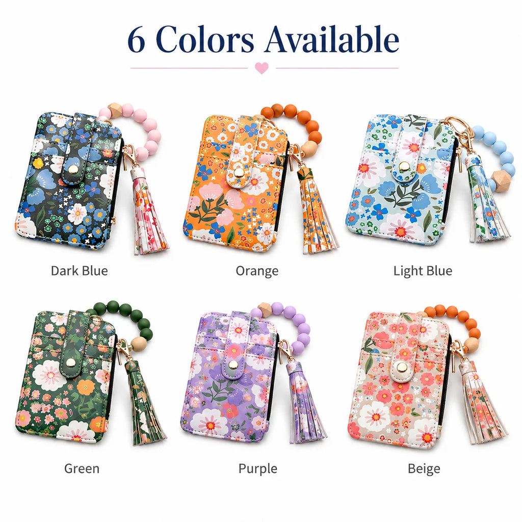 Floral PU Leather ID Card Wallet & Beaded Wristlet for Women