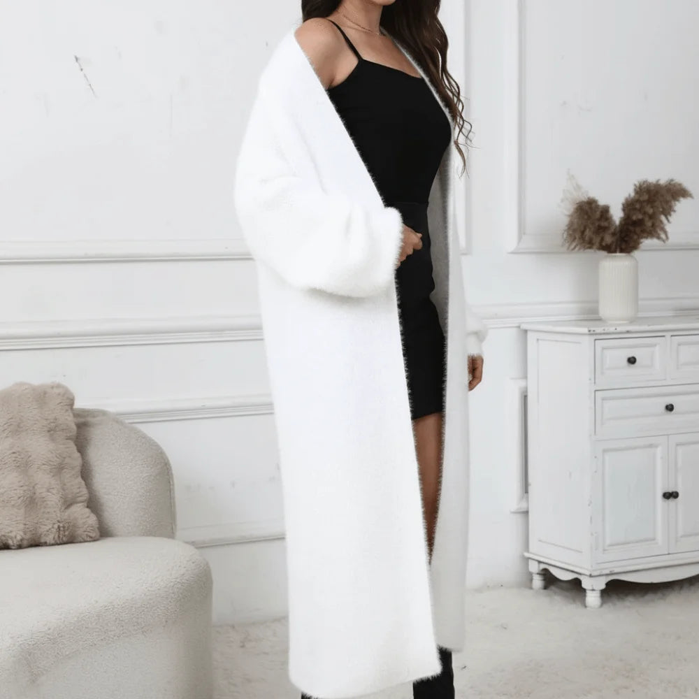 Women's Long Fuzzy Open Front Cardigan – Cozy Knit Coat