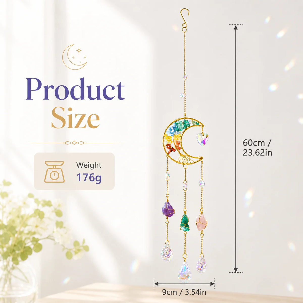 Moon Crystal Suncatcher Window Hanging – Rainbow Prism Pendant