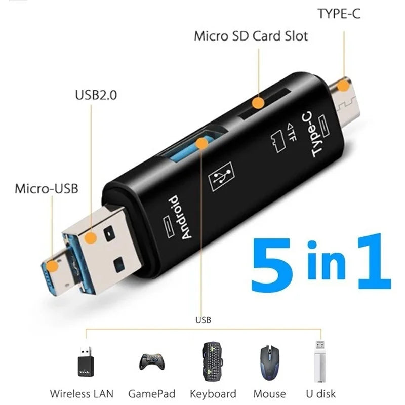 5-in-1 USB OTG Card Reader – Type-C, Micro USB, TF & SD