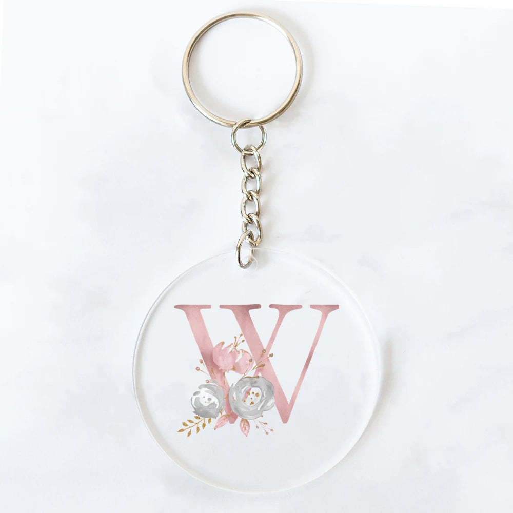 Pink Monogram Acrylic Keychain | Floral Initial Key Ring Gift