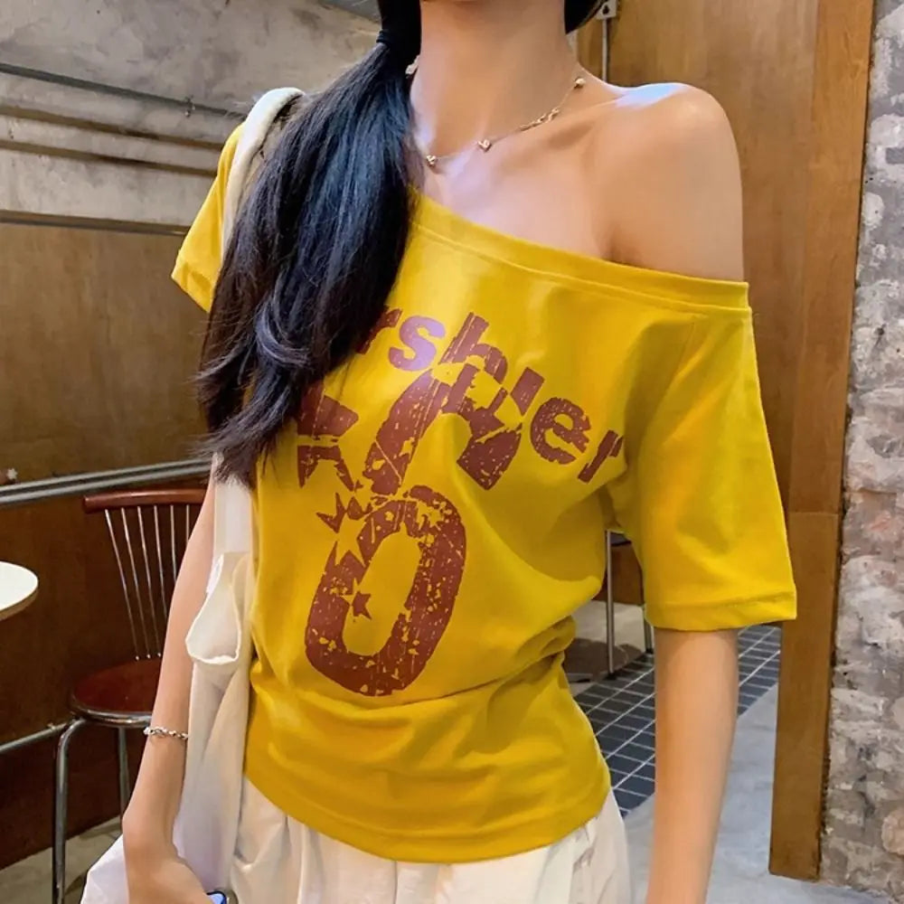 Y2K Off Shoulder Crop Top – Short Sleeve Letter Print Tee