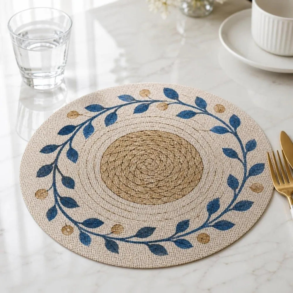 Round Flower Print Wipeable Placemat – 15in Rattan Style