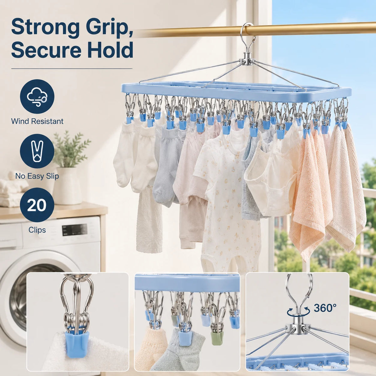 Stainless Steel Multi-Clip Sock Hanger – Windproof Laundry