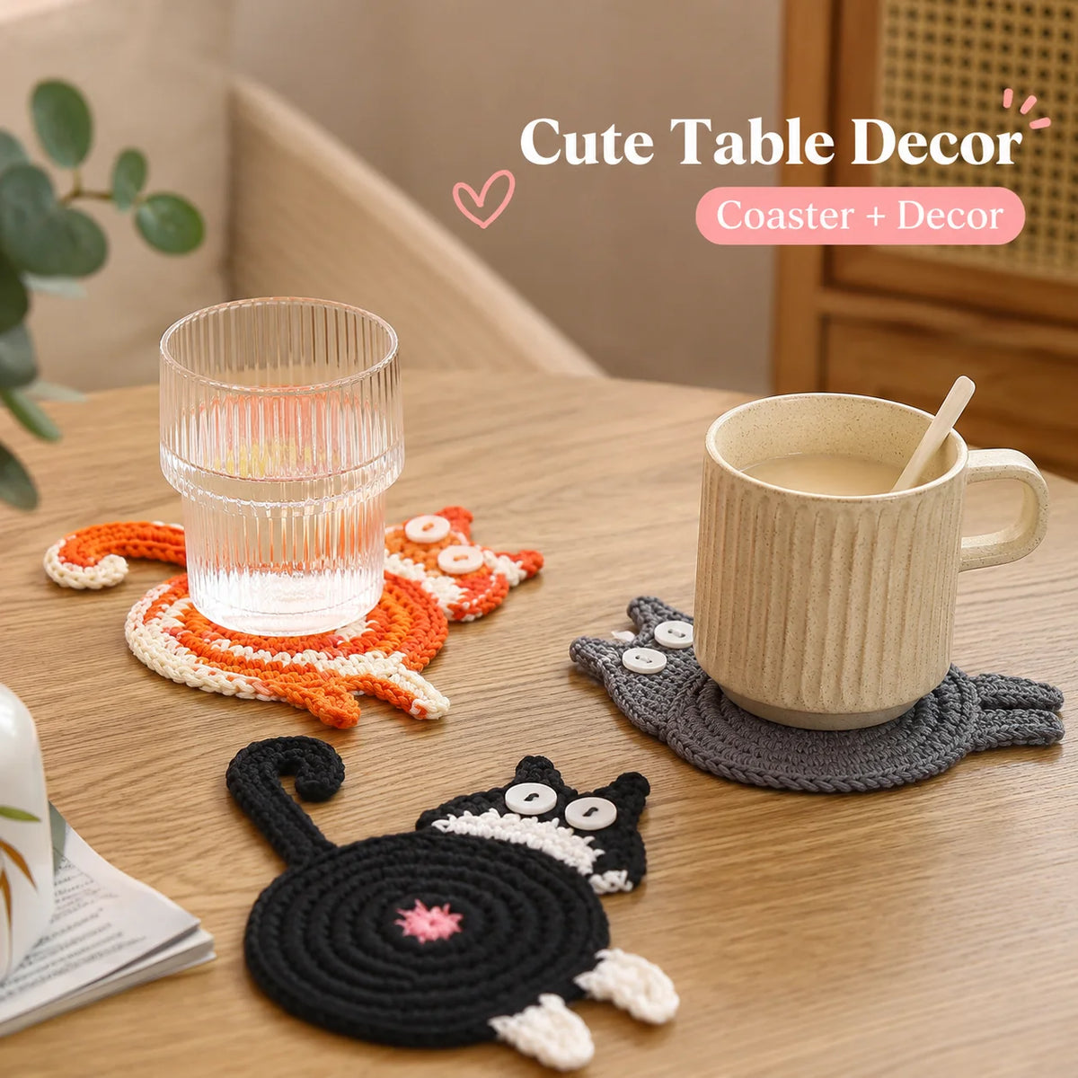 Handmade Crochet Cat Coaster – Knitted Felt Mug Pad Gift