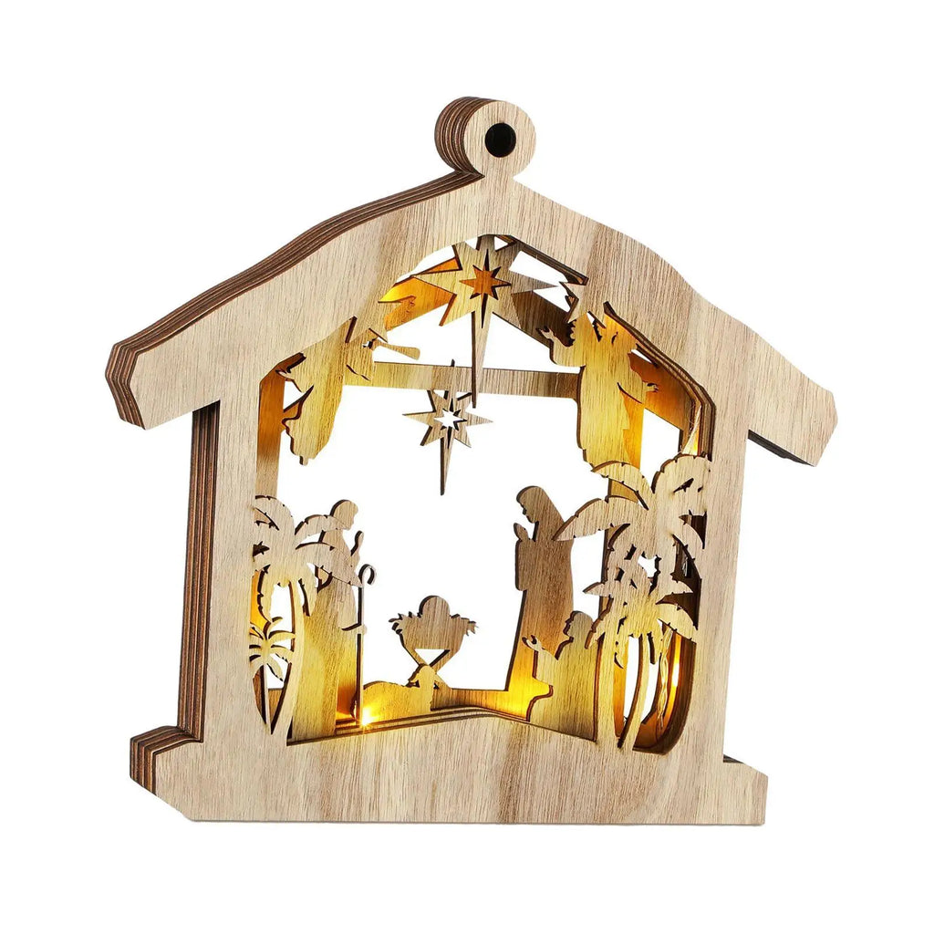 Wooden Nativity Scene Ornament with Warm LED Light