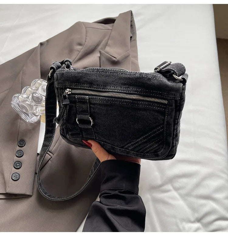 Retro Washed Denim Crossbody Bag | Multi-Pocket Square Bag