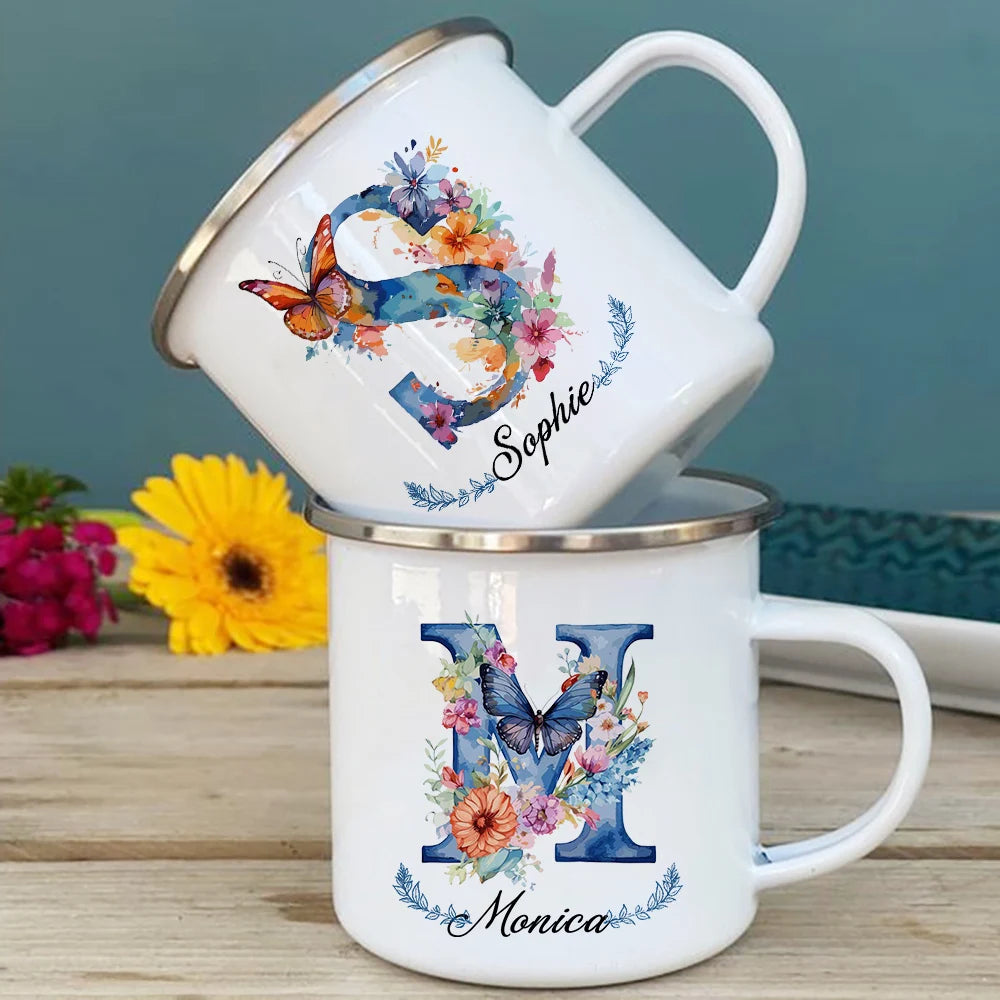 Personalized Floral Initial Enamel Mug | Custom Name Coffee Cup