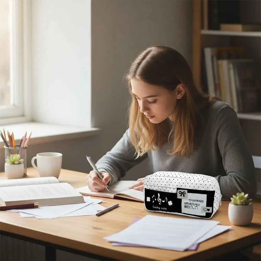 Black Polka Dot Pencil Case – Large Capacity Pen Bag