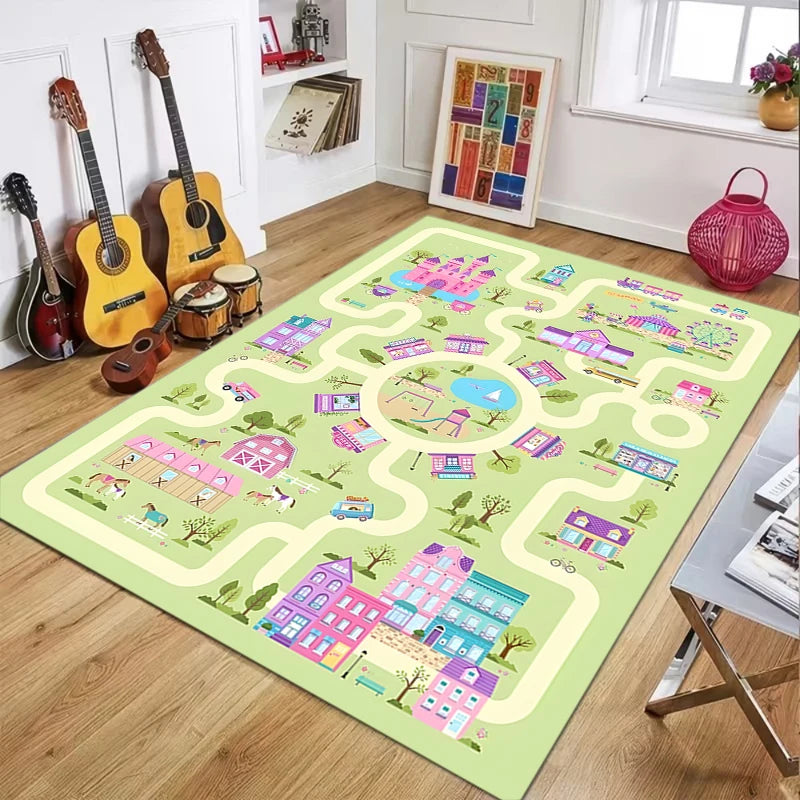Pink Kids Play Rug – Town Road Track Mat, Non-Slip & Washable