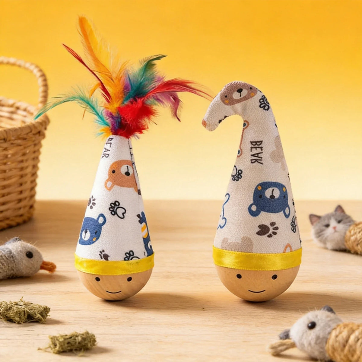 Interactive Cat Tumbler Wobbler Toy – Feather & Wooden Base