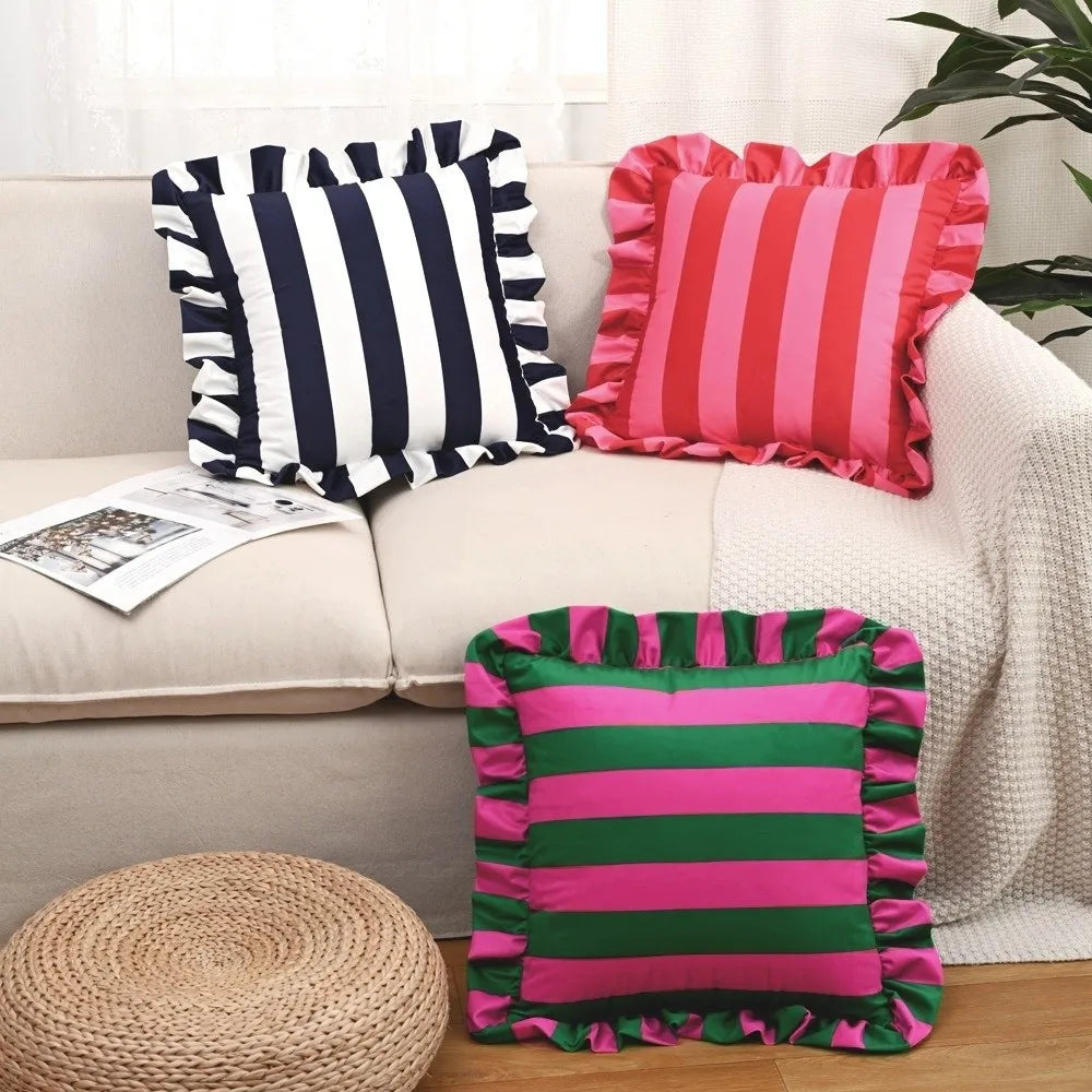 Striped Velvet Pillowcase Lotus Leaf Edge Soft Cushion Cover