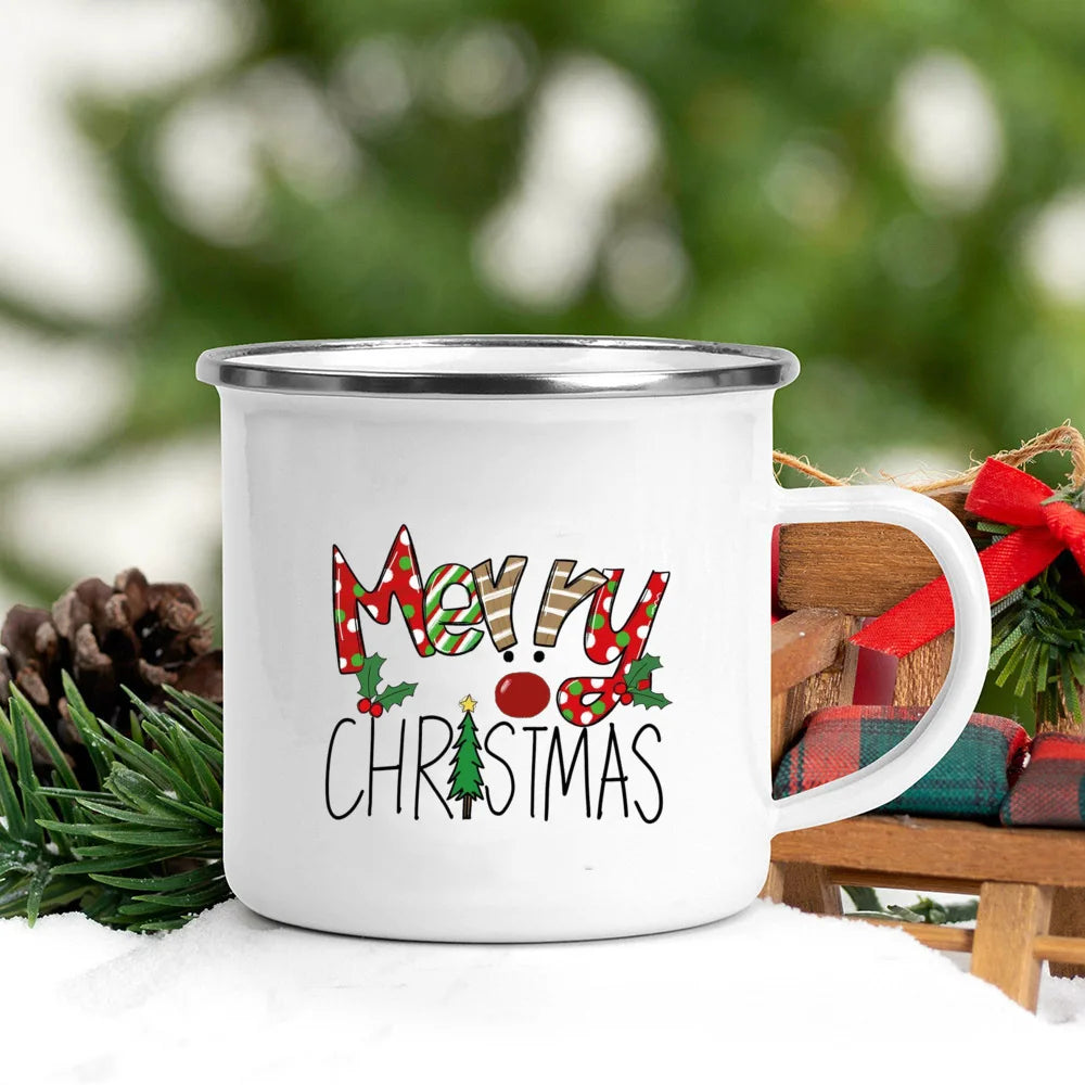 Santa Deer Truck Christmas Enamel Mug | Holiday Gift Cup