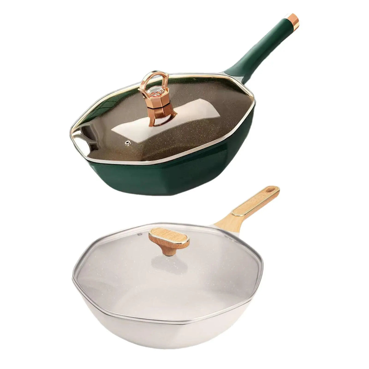 Octagonal Nonstick Iron Frying Pan with Lid & Wood Handle