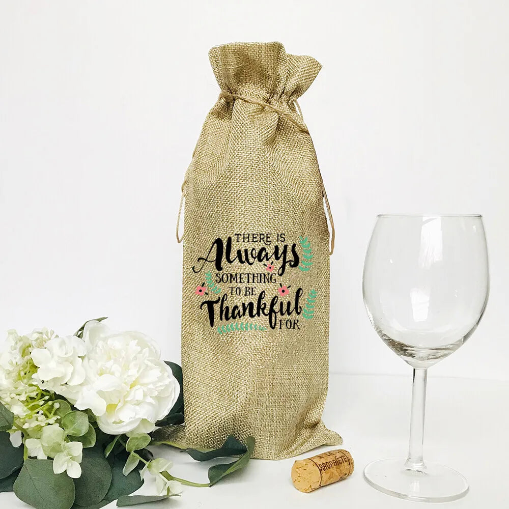 Thankful Grateful Blessed Burlap Wine Bottle Gift Bags
