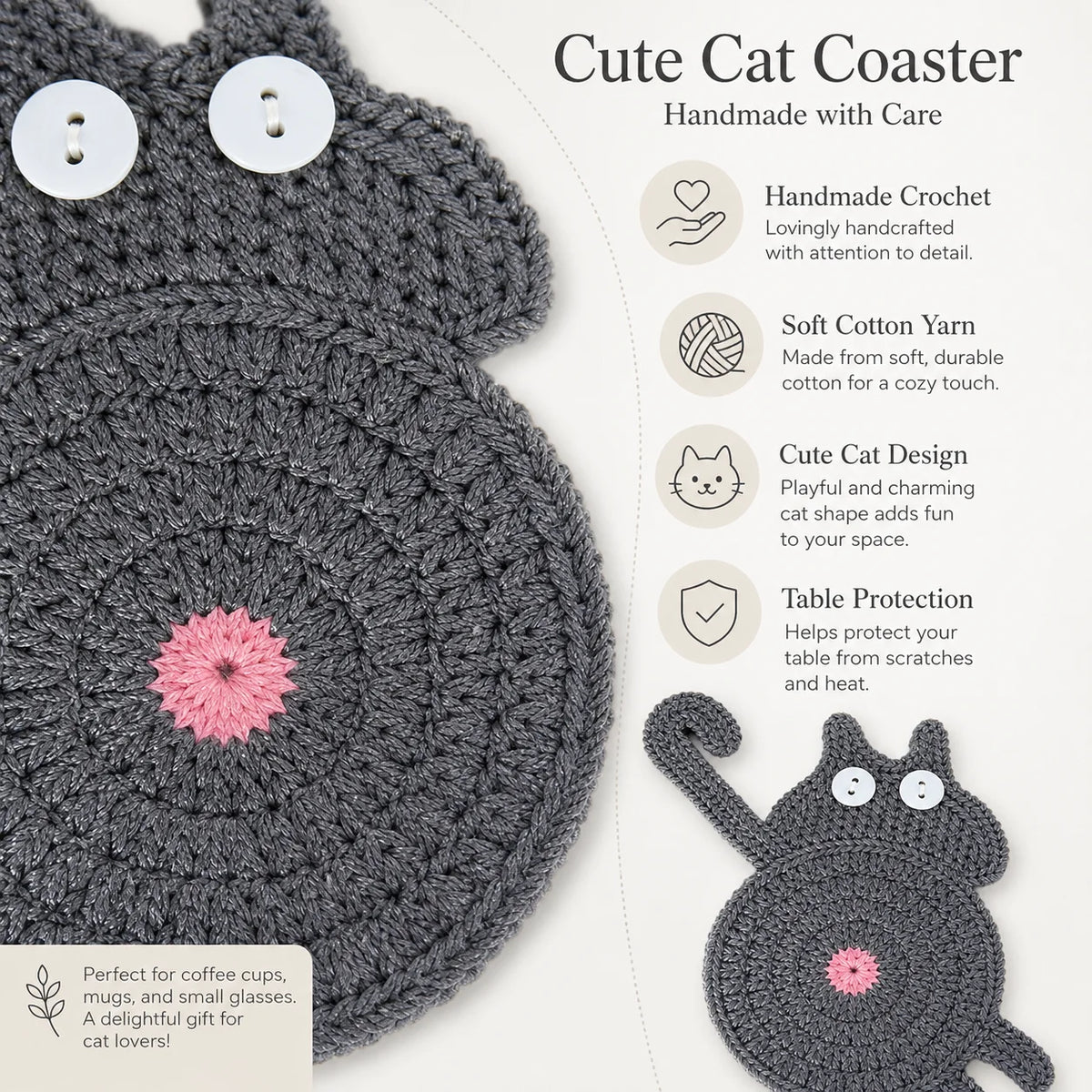 Handmade Crochet Cat Coaster – Knitted Felt Mug Pad Gift