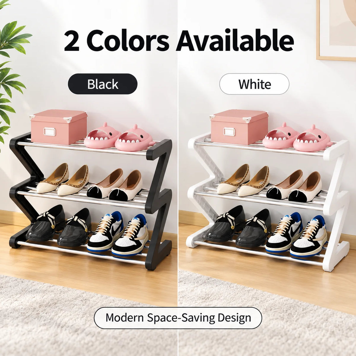3-Tier Z-Shaped Shoe Rack – Space-Saving Metal Organizer