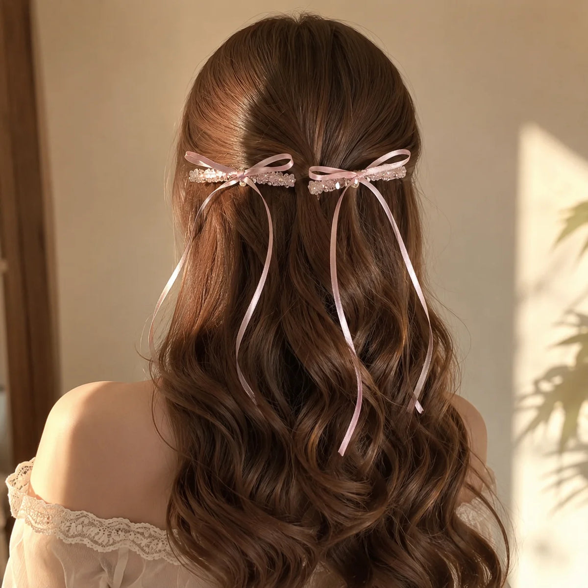 2-Pack Pink Crystal Beaded Bow Hair Clips with Long Ribbons