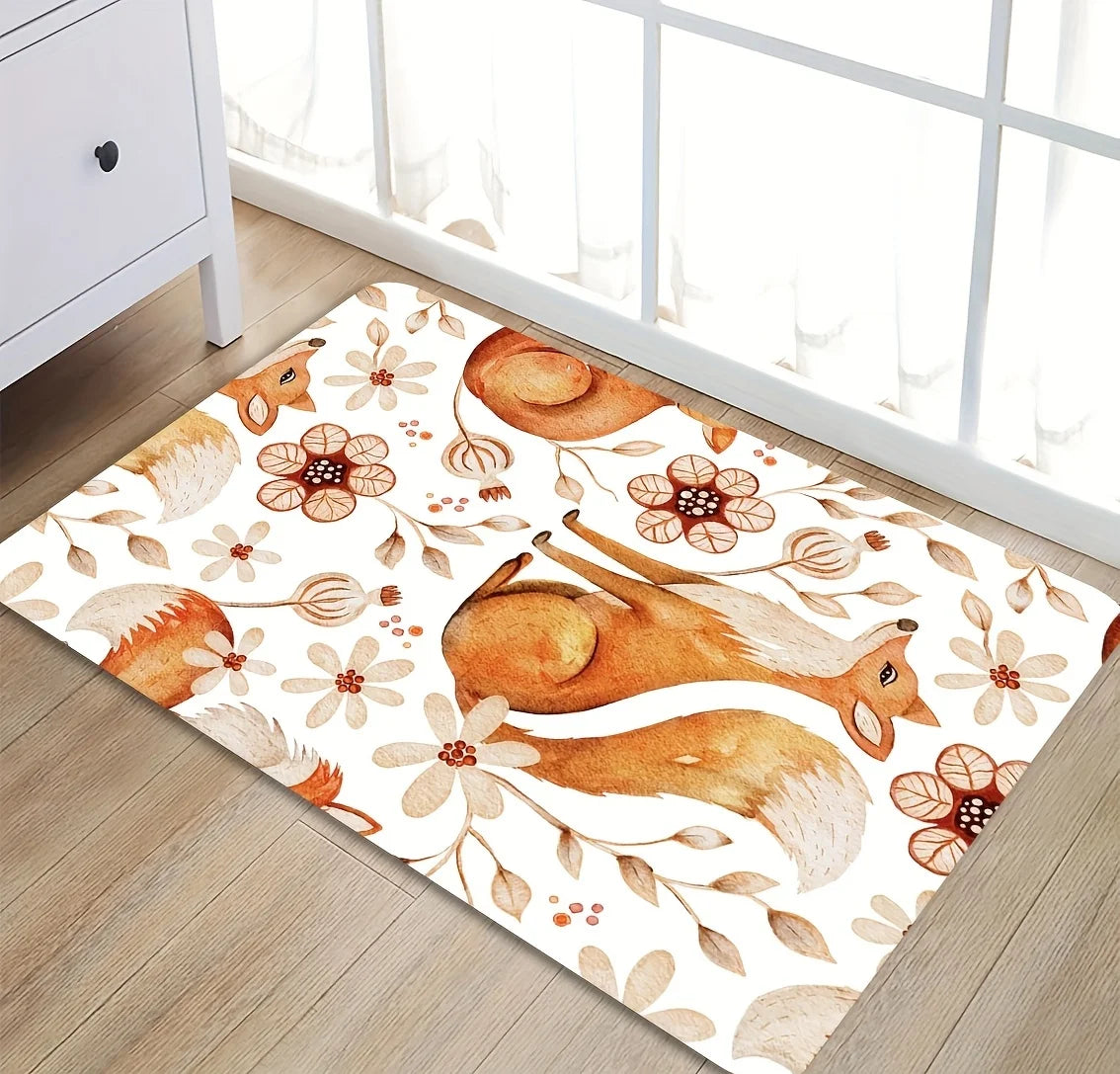 Woodland Fox Floral Doormat – Watercolor Autumn Art Print Rug