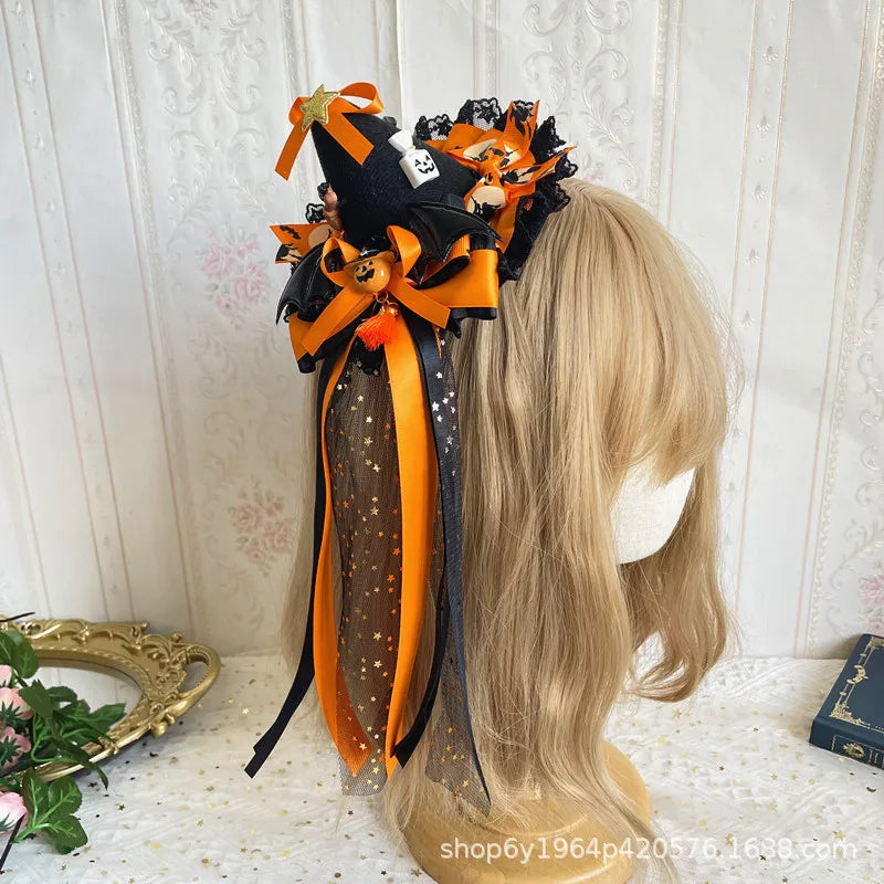 Halloween Witch Hat Hair Bow Clip | Pumpkin & Bat Charm